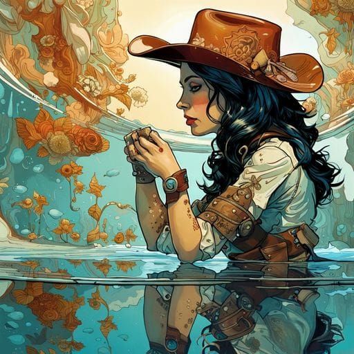 Cowgirl Water Reflection Portrait in Hyperrealism