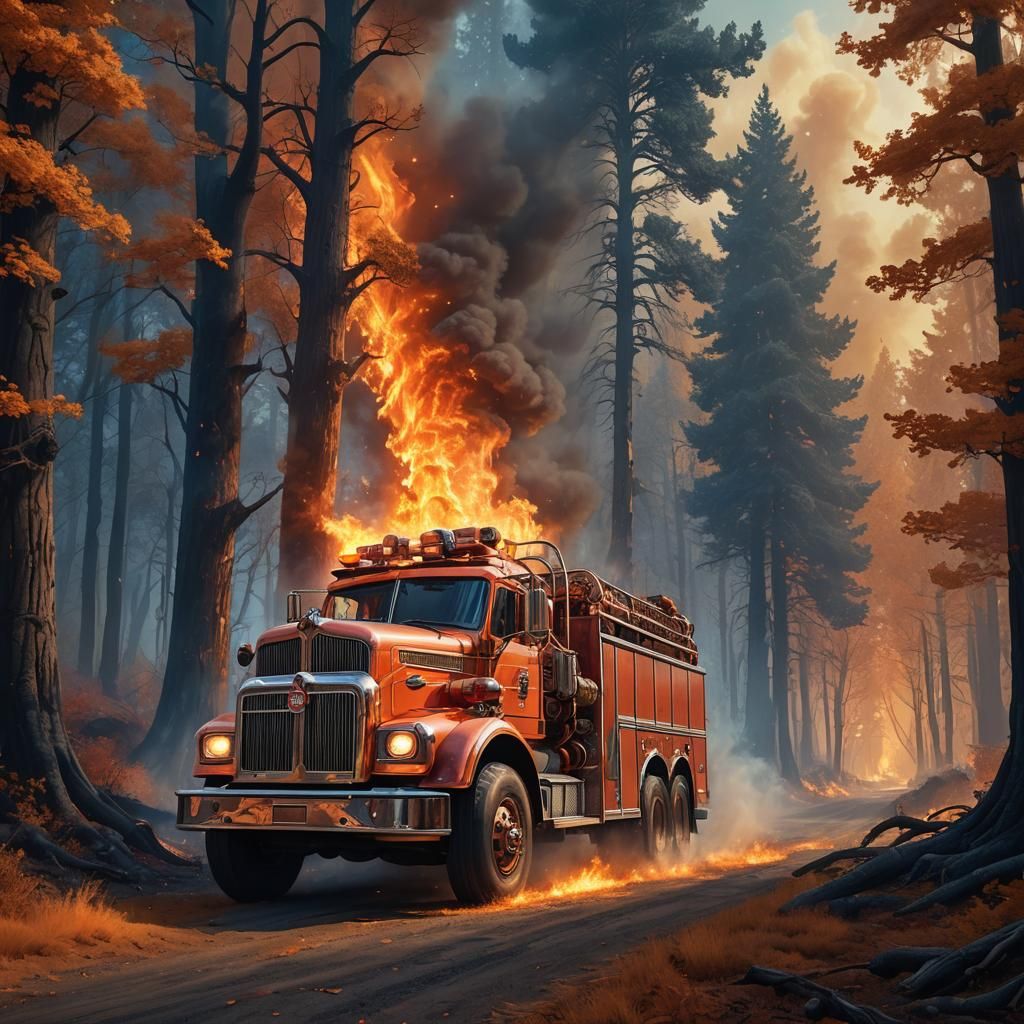 Giant Fire Engine Races Through Burning Forest
