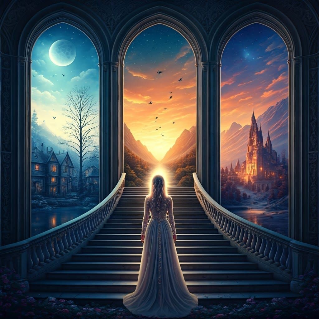 Ethereal Season Portal with Majestic Staircase and Whimsical...