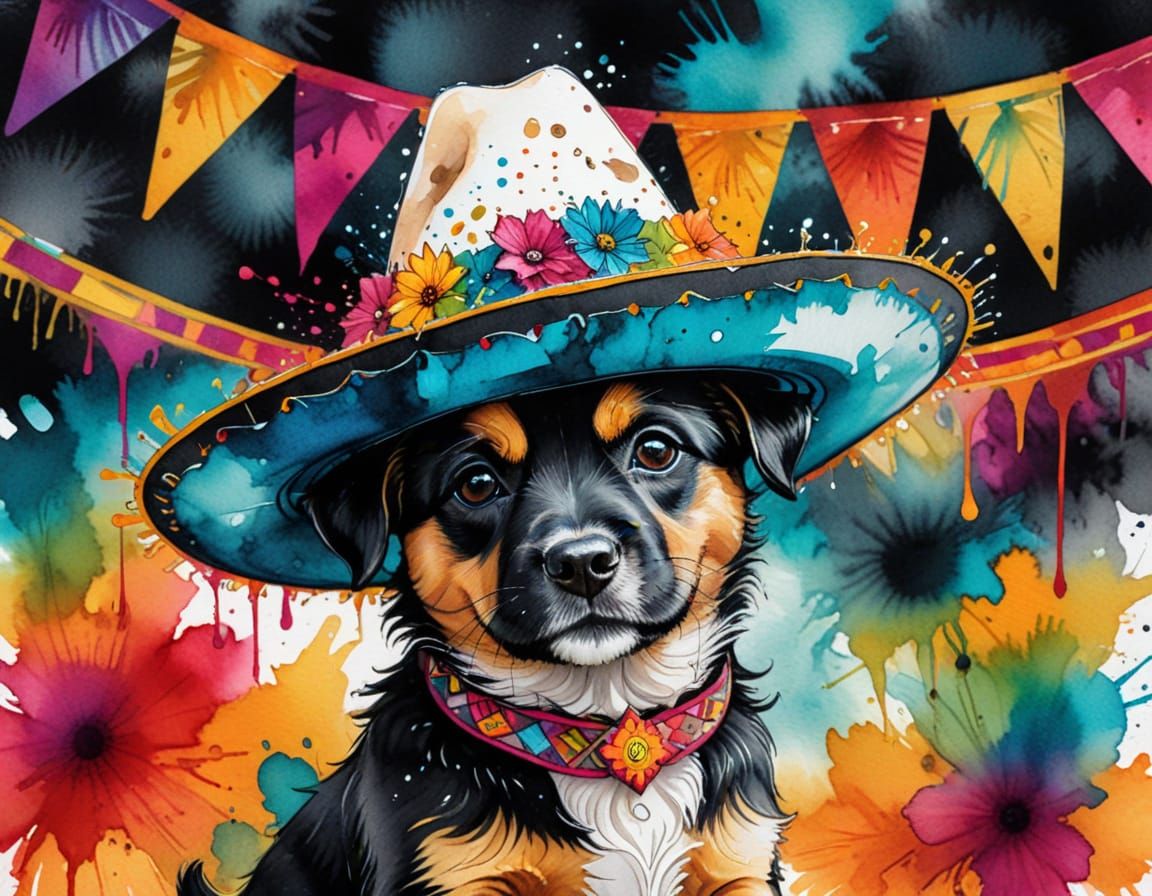 Puppy in Sombrero: Vibrant Alcohol Ink Fiesta Sketch
