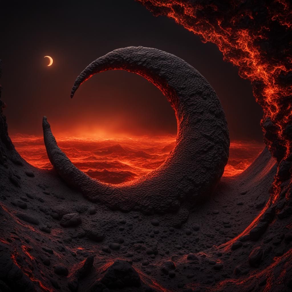 Molten Lava Crescent Moon in Hyperrealistic Style