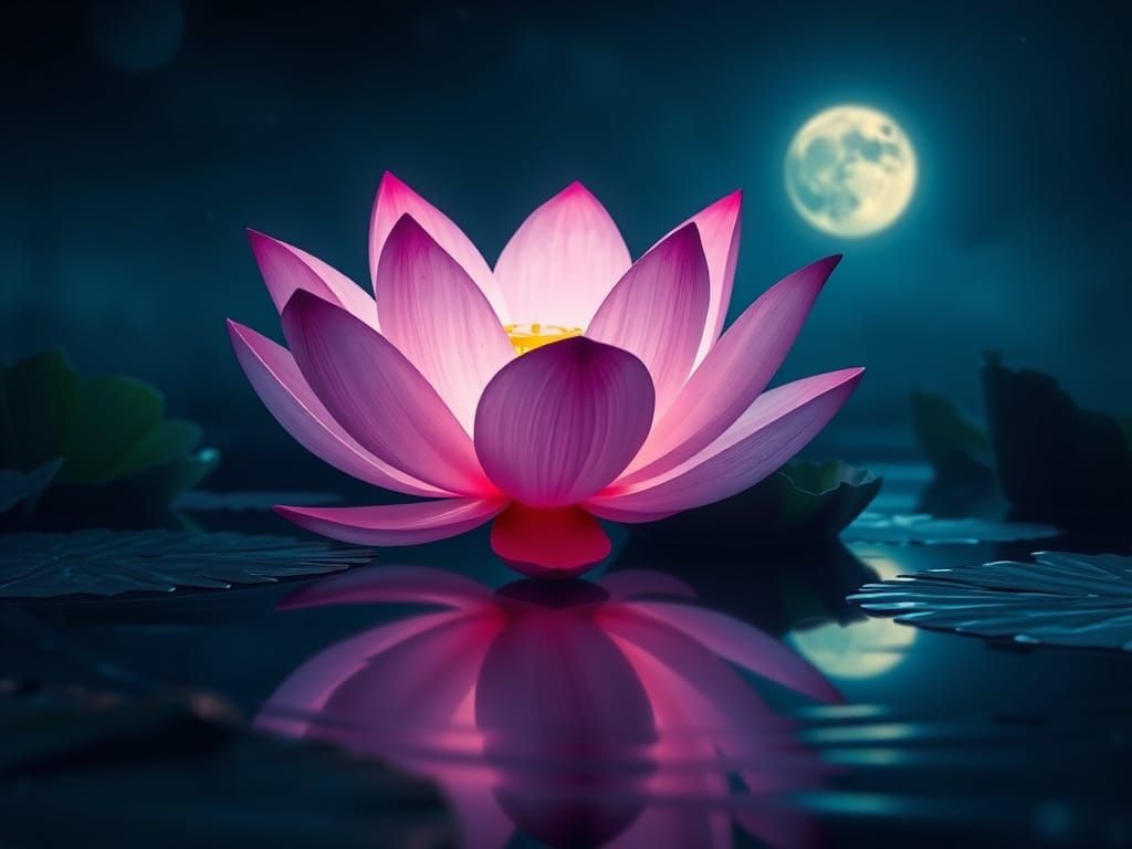 Bio-luminescent Lotus Flower in Moonlit Pond