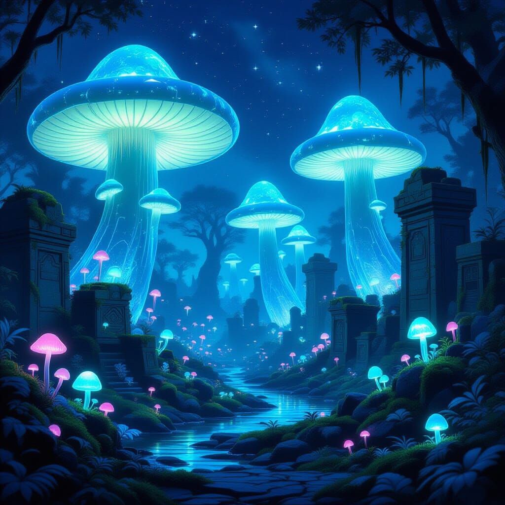 Bioluminescent Forest Ruins with Crystal Mushrooms