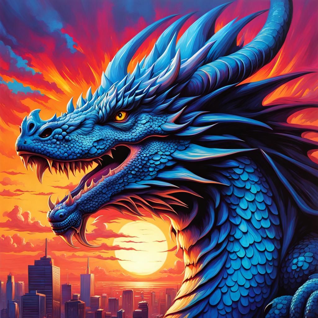 Dragon's Blue Fire Sunset: Graffiti Art Style