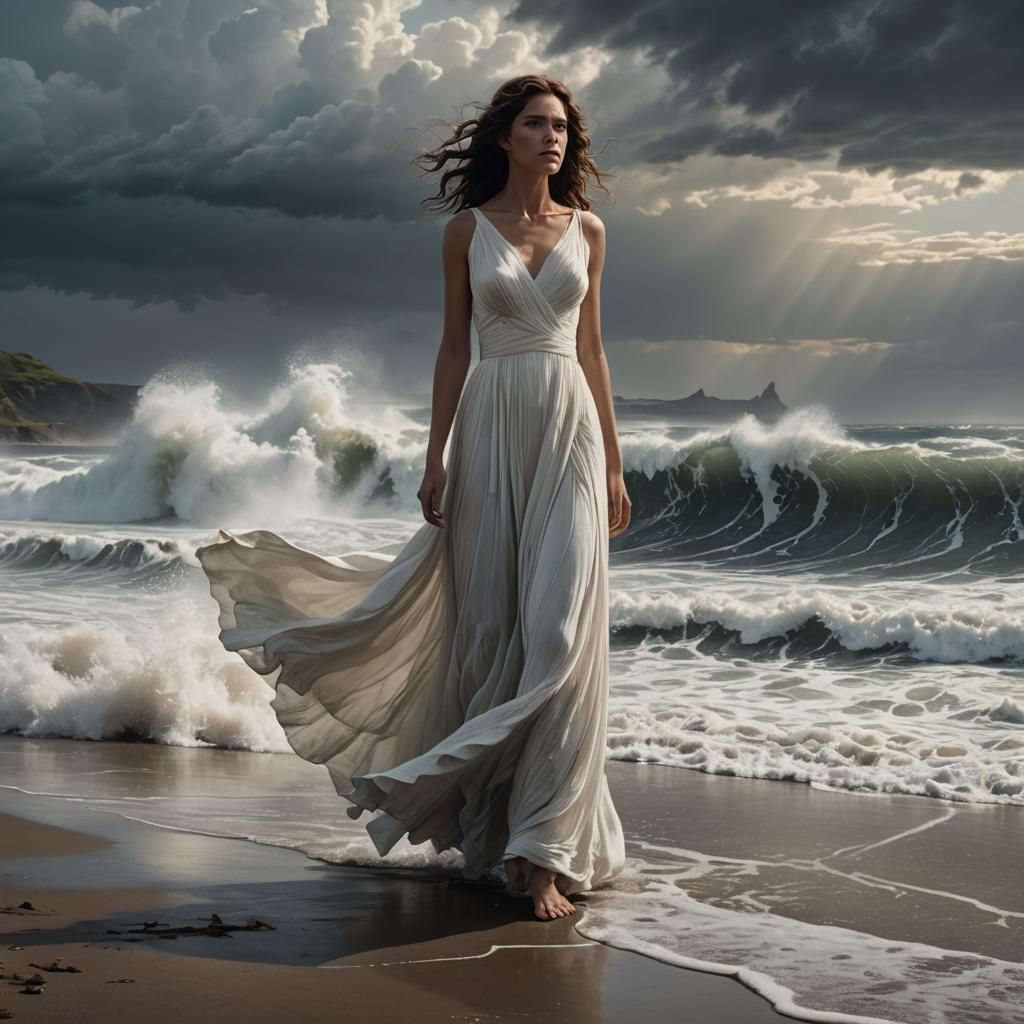 Woman on Beach Facing Giant Wave