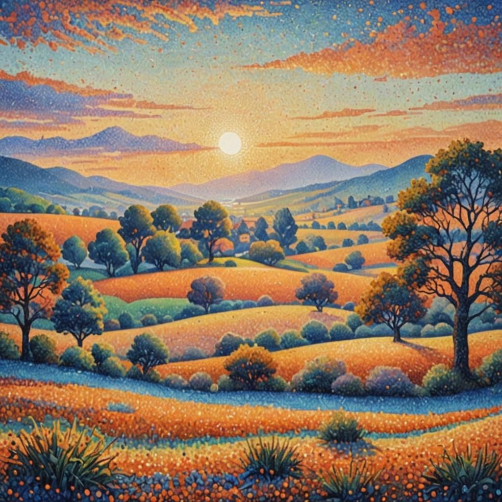 Pointillist Sunset Landscape in Warm Colors