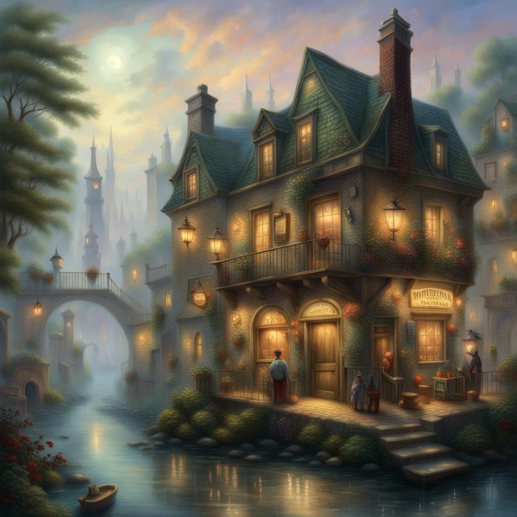 Fantasy Tavern in Misty Cityscape