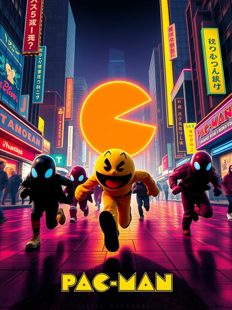 Retro-Futuristic Pac Man Movie Poster in Neon-Lit Cityscape ...