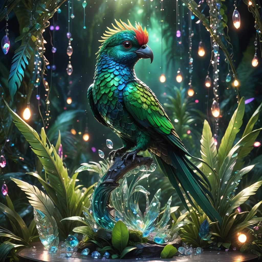 Glass Quetzal Statue with Glowing Crystals: Fantasy Art