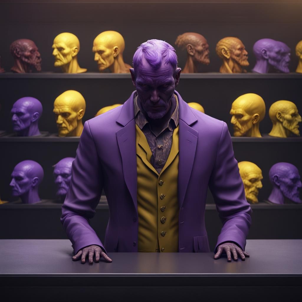 Headless Man Shopping for Heads in Dark Fantasy Style