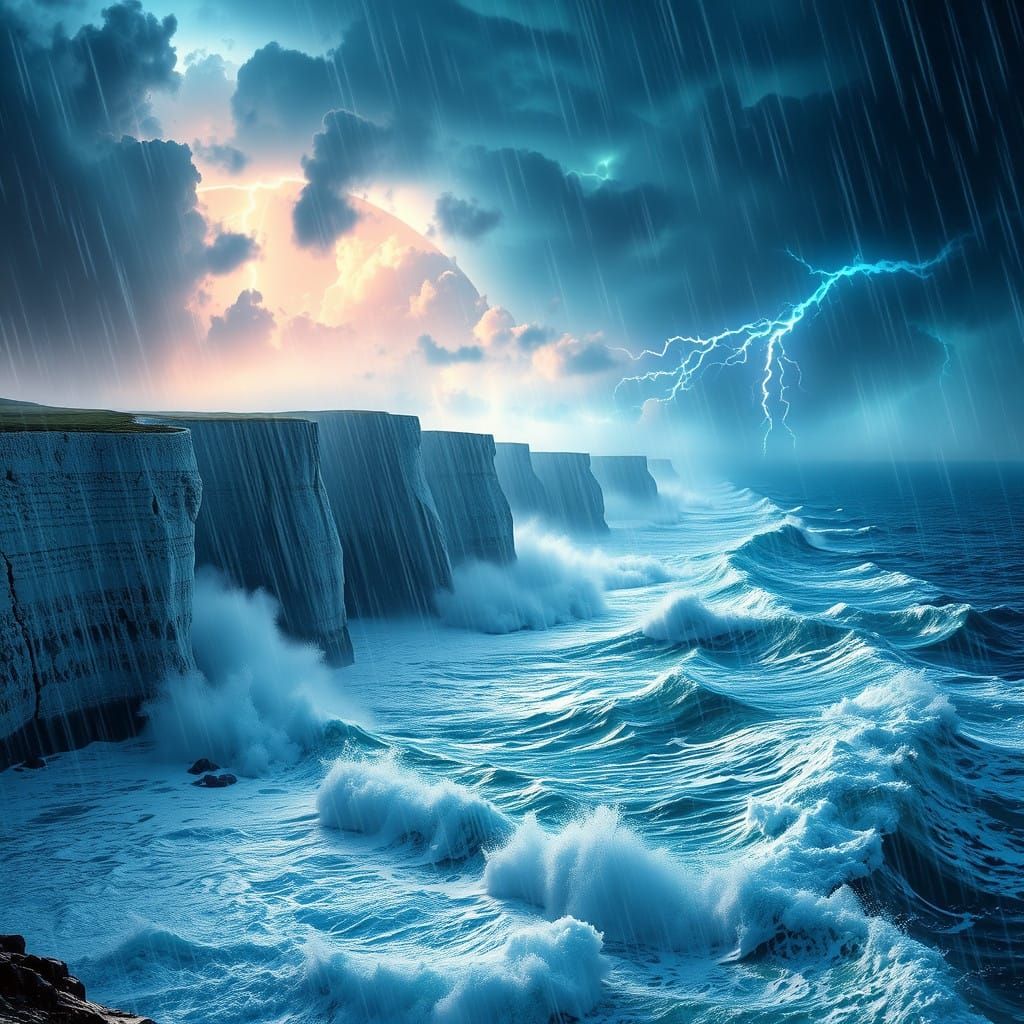 Stormy White Cliffs of Dover in Cyberpunk Aesthetic