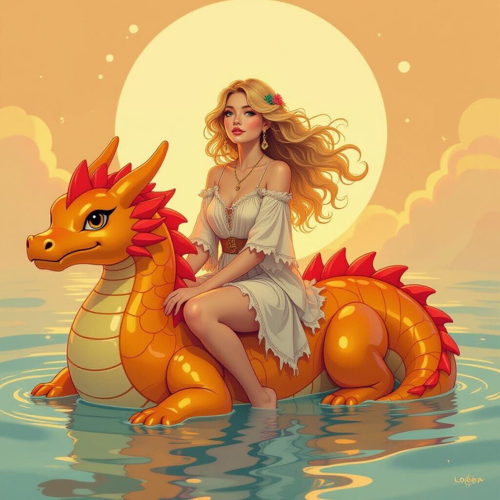 Woman on Gummy Dragon in Effervescent Soda Sea