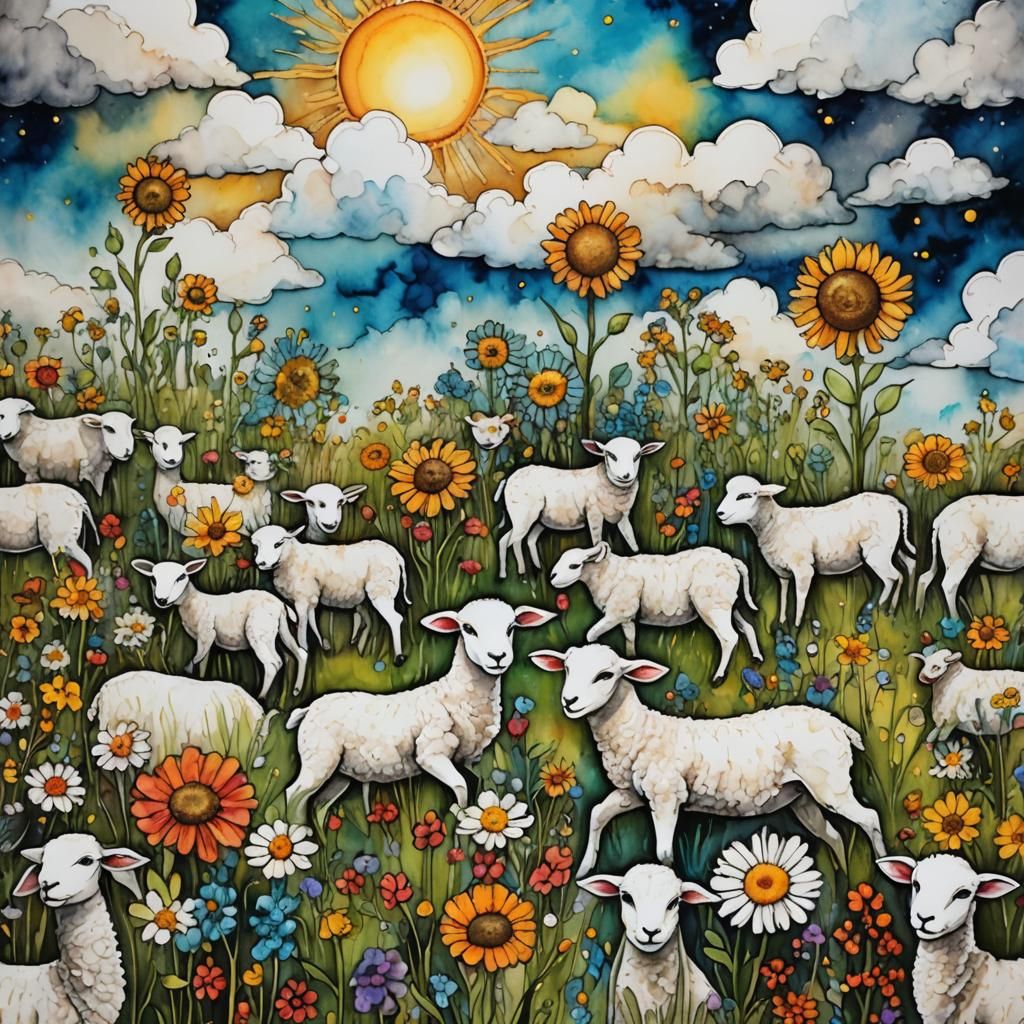 Otherworldly Alcohol Ink Lambs in Sunny Field