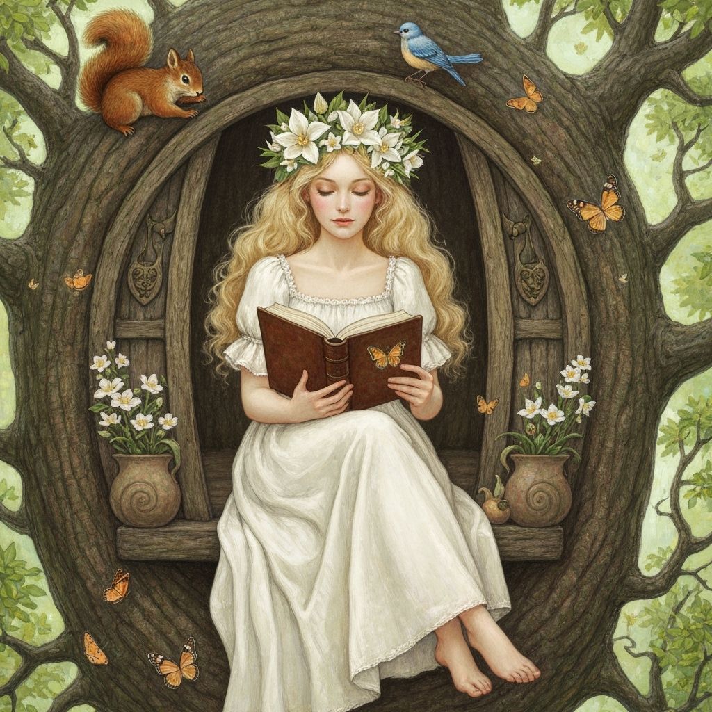 Enchanting Woman Reading in Whimsical Treehouse