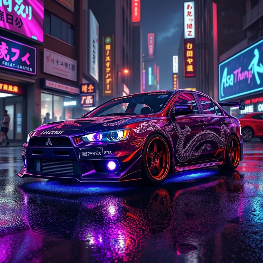 Cyberpunk Tokyo Drift Scene with Anime-Style Lancer Evo