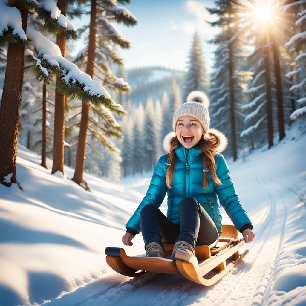 Girl Sledding Down a Snowy Pine Track