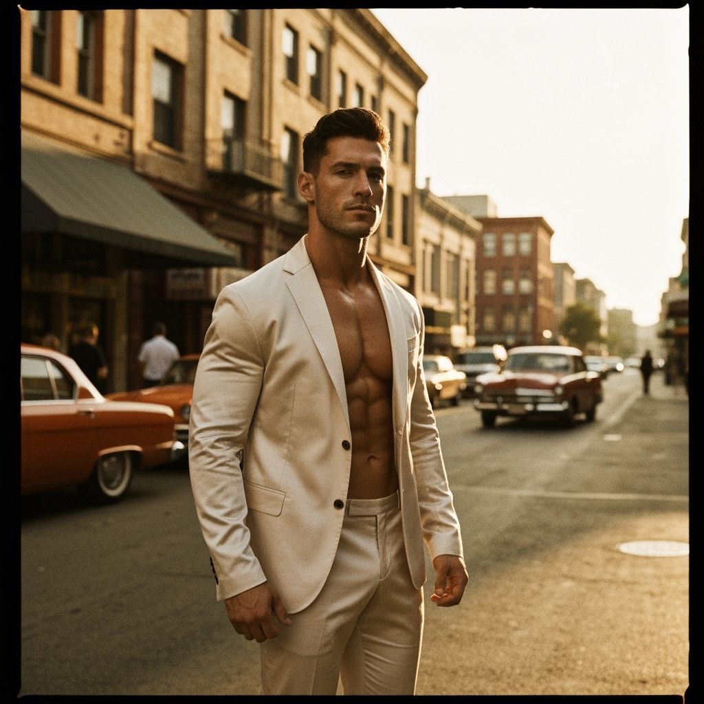 Bodybuilder in Silk Suit at Bus Stop