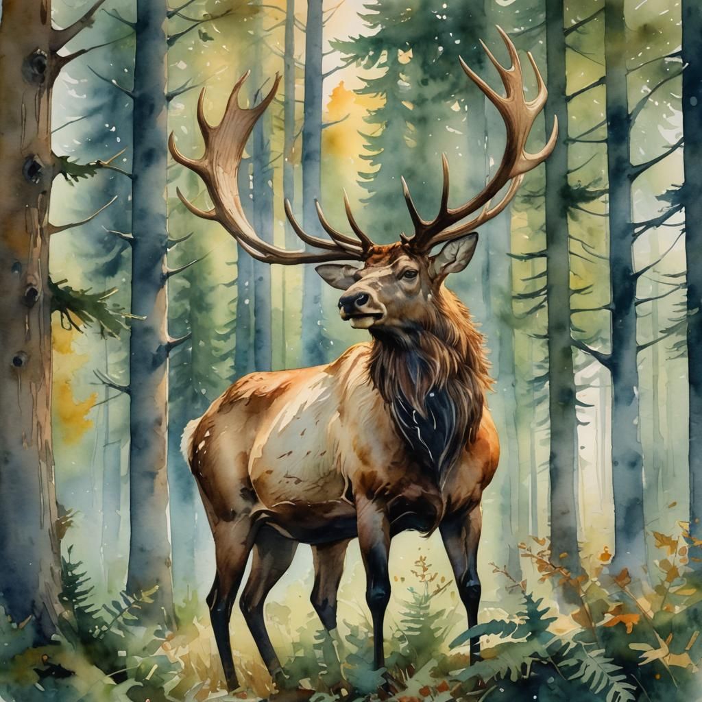 Majestic Elk in Forest, Watercolor Painting