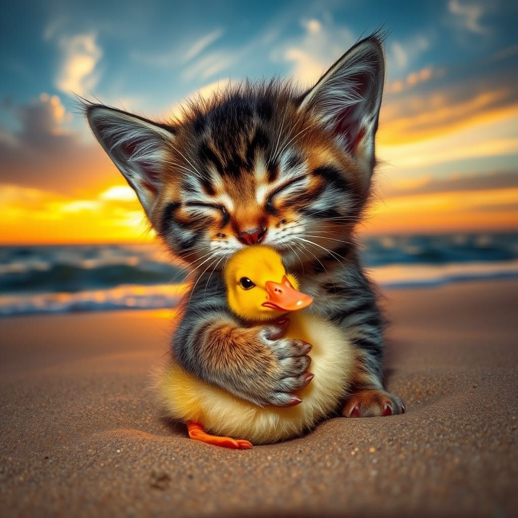 Kitten and Duckling Embrace on Sunset Beach