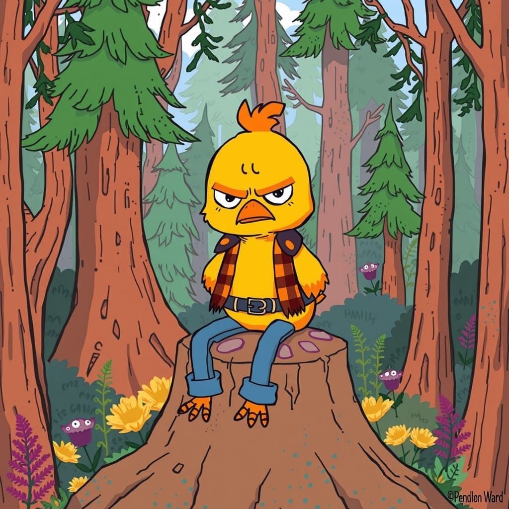 Grumpy Chick in Mystical Forest, Cartoon Style