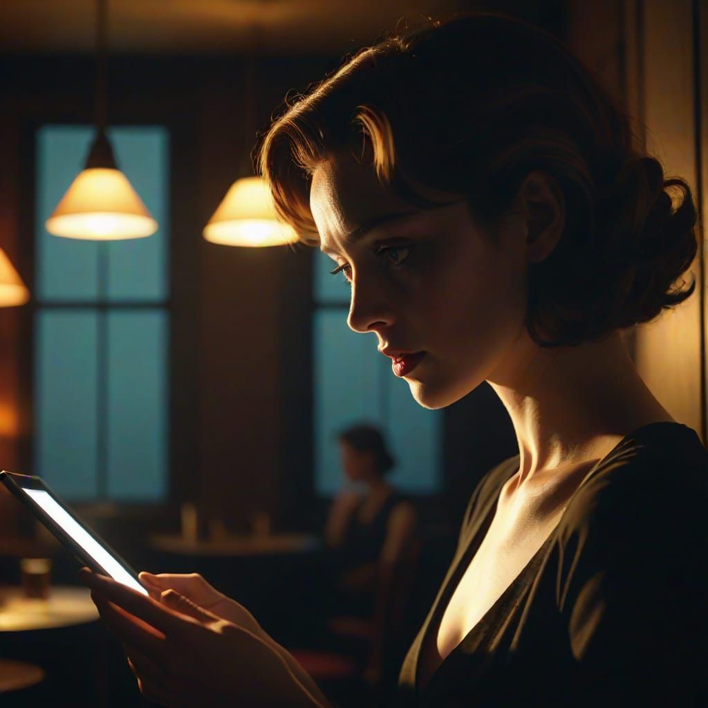 Film Noir iPad User in Dark Room