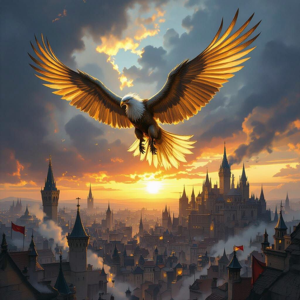 Griffin Soaring Above Medieval City, Caravaggio-esque Lighti...