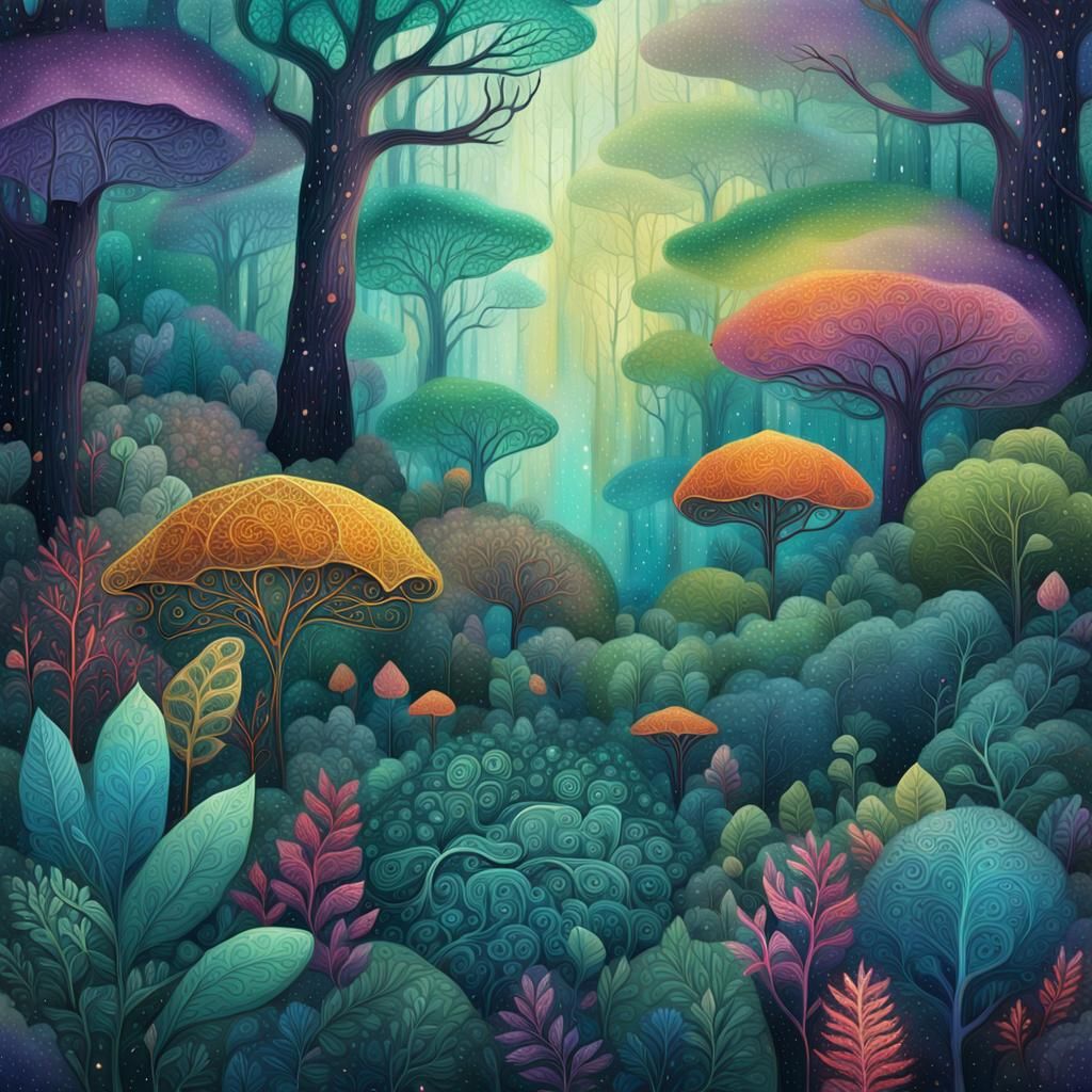 Lush Forest Illustration in Visionary Art Style