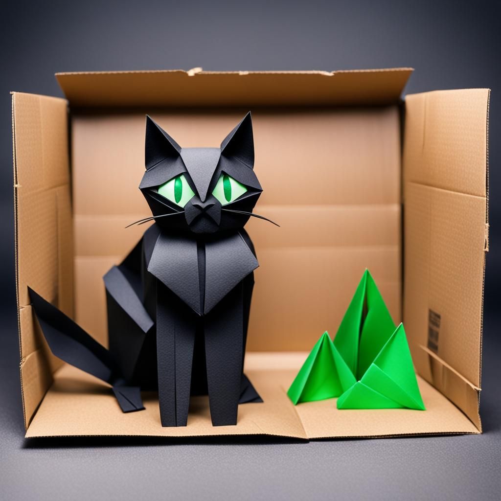Green-Eyed Black Cat in Box: Origami Papercraft