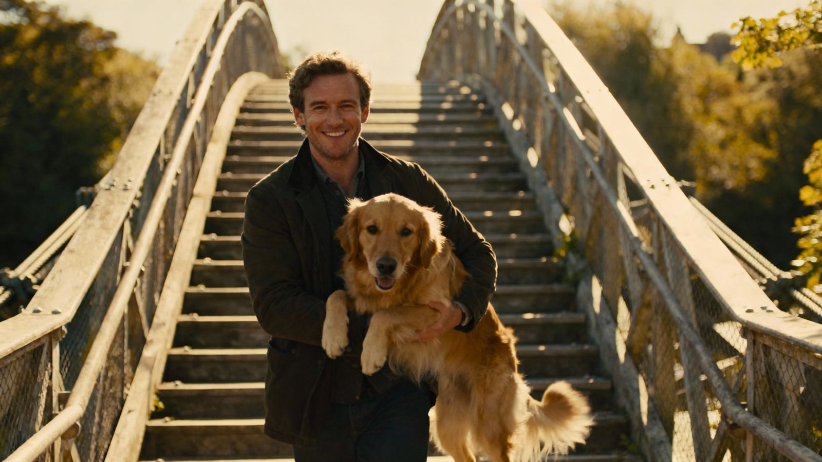 Man and Golden Retriever Walk Sunny Bridge