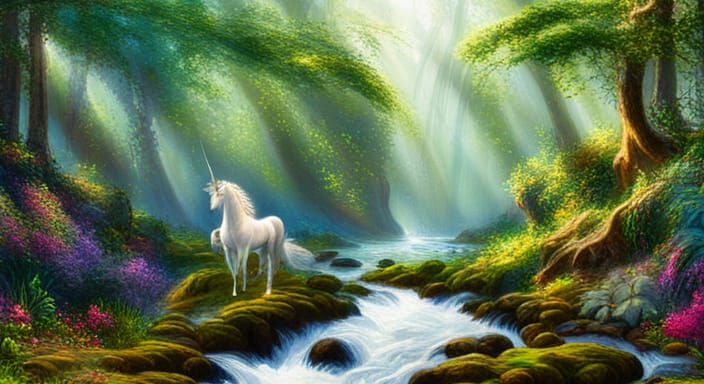 Unicorn in Goblin Forest, Ethereal Fantasy Art