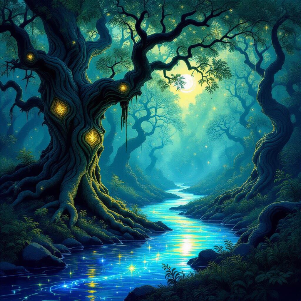 Enchanted Forest with Glowing Trees in Van Gogh Style