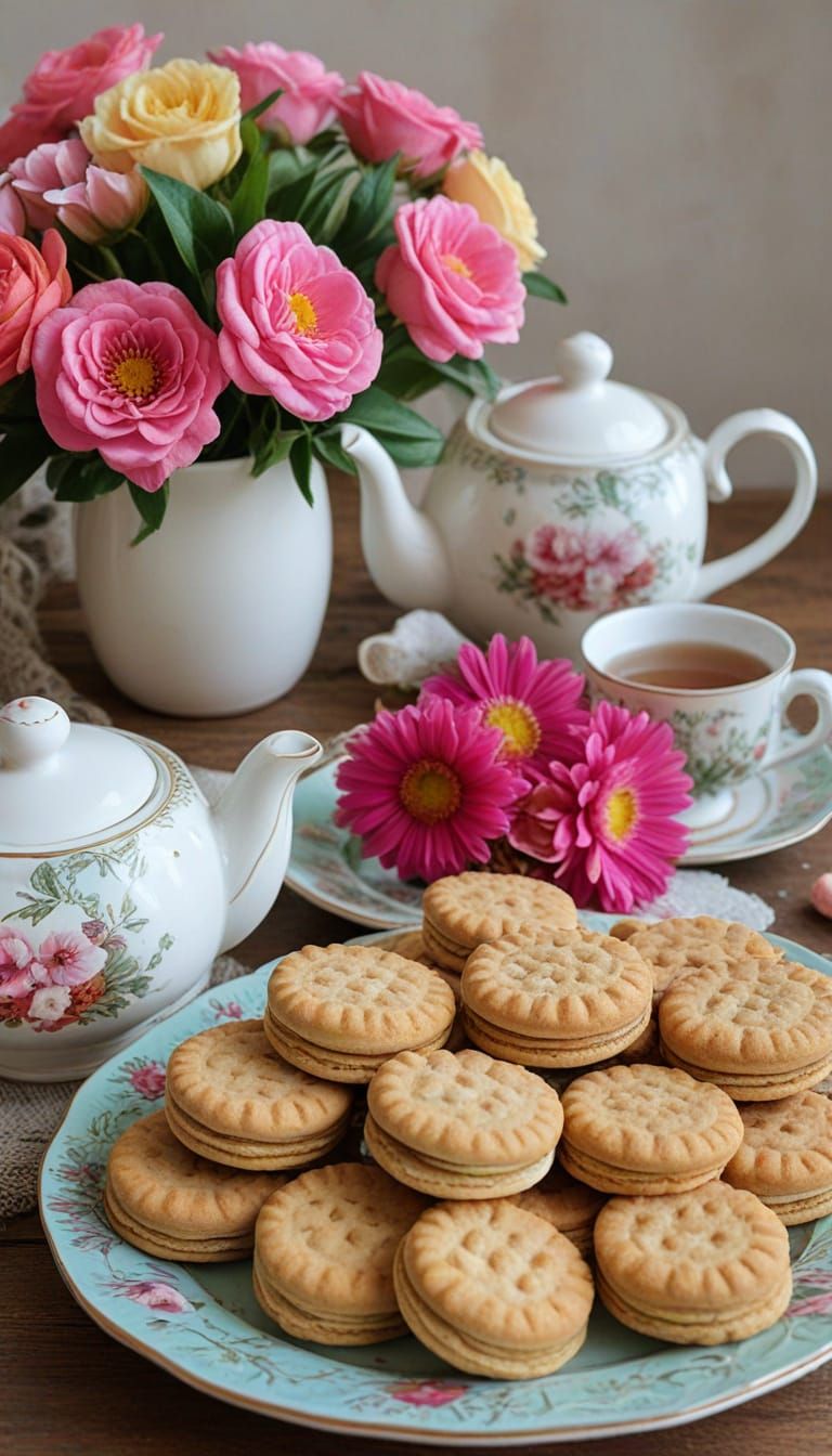 Cozy Tea Set with Biscuits and Flowers in Bright Tones