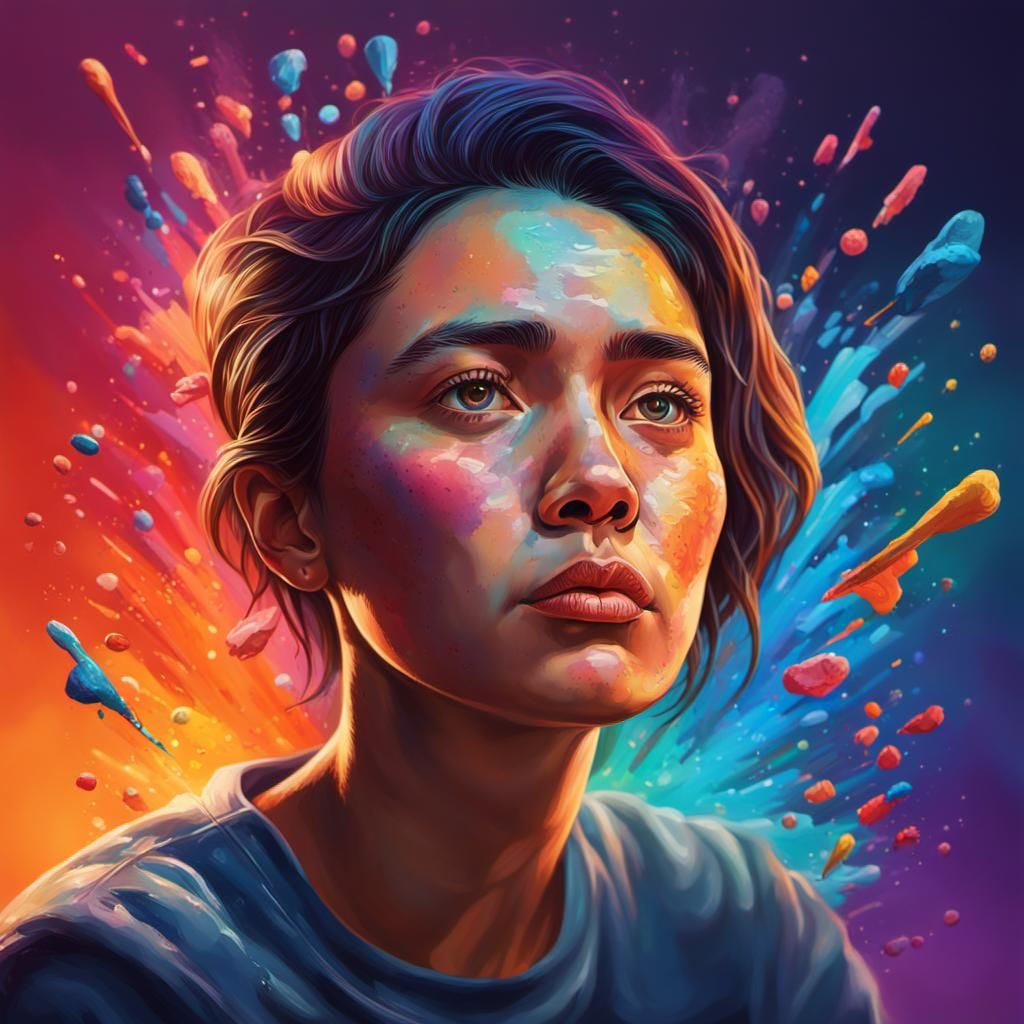 Woman Contemplating Loved Ones in Hyperrealistic Splash Art