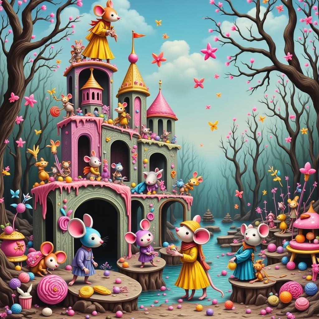 <lora:Fairy Wing:1.0> <lora:Crazy 2:1.0> <lora:Death River:1.0> the midget mice are building a snack food castle