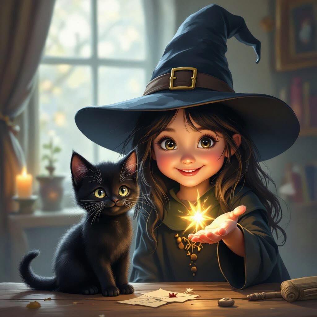 Smiling Witch and Kitten Casting Spell, Detailed Digital Pai...