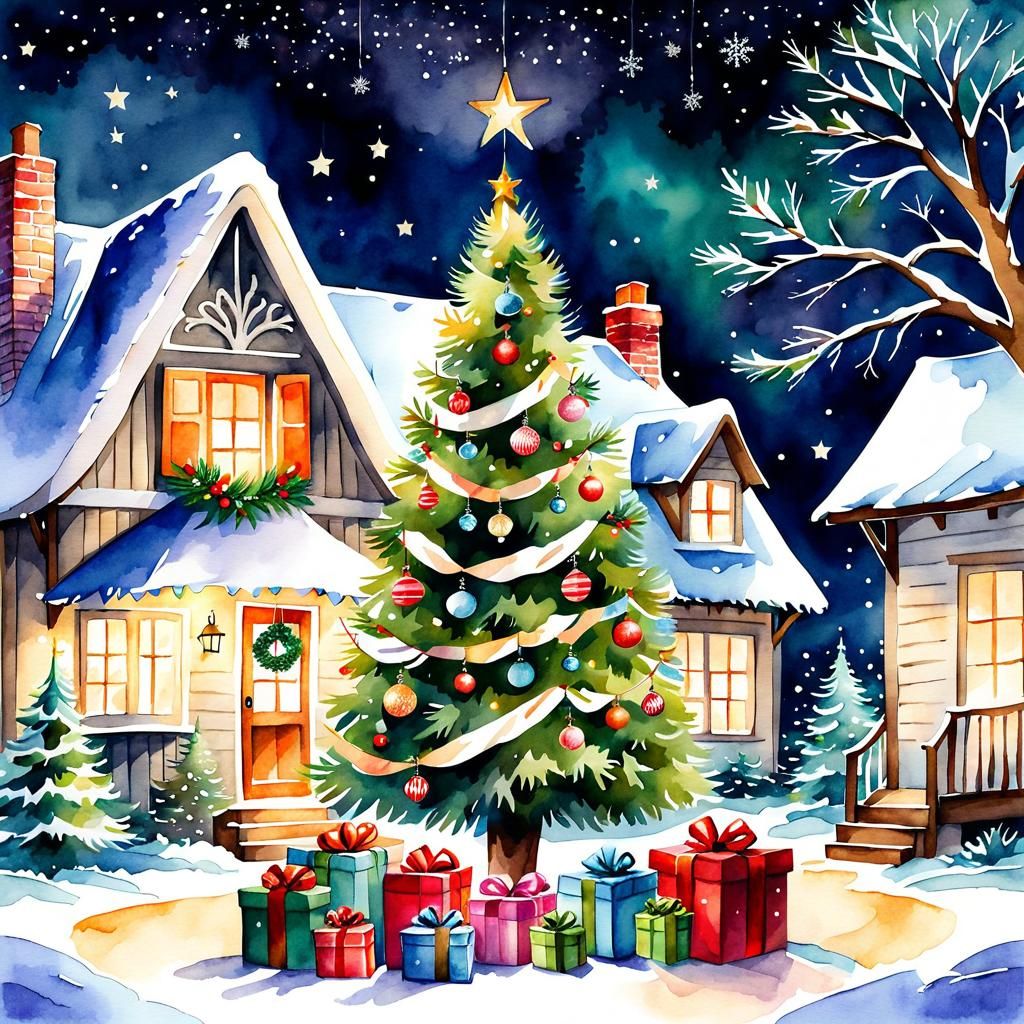 Cozy Christmas Cottage in Watercolor Illustration