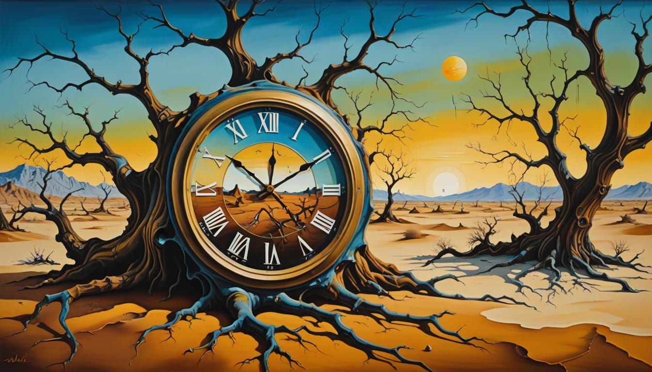 Surrealist Oil Painting of a Melting Clock Landscape