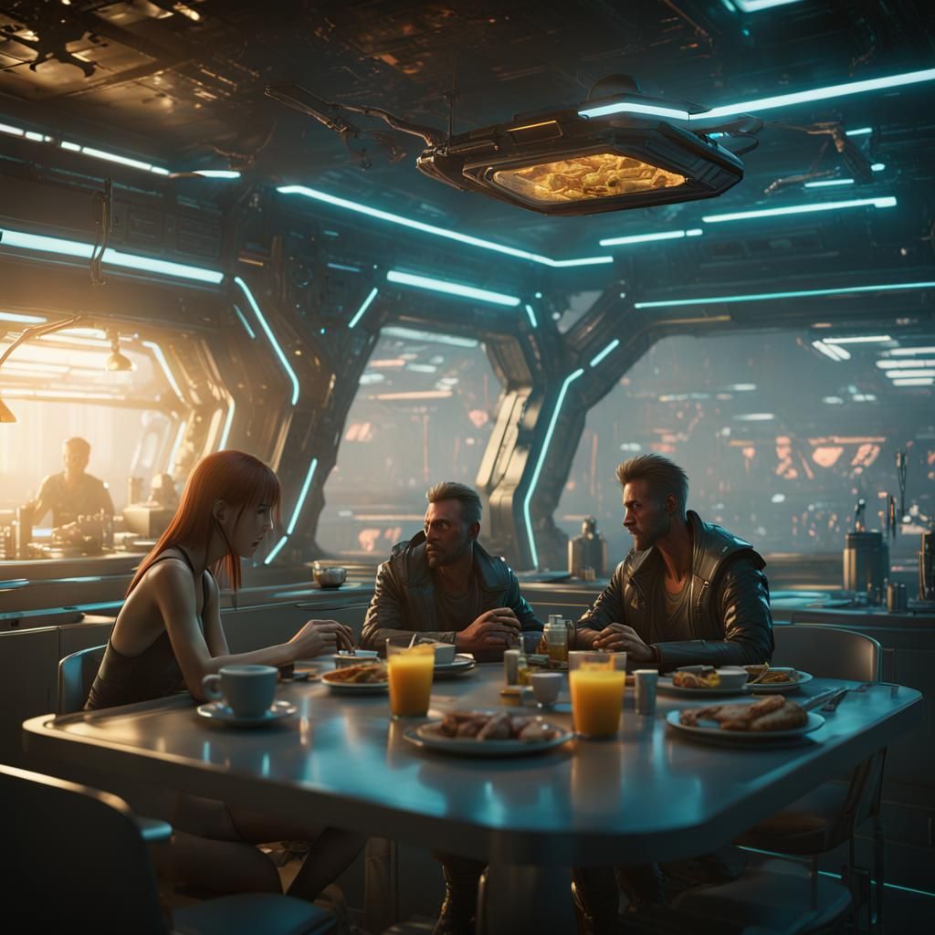 Cyberpunk Spaceship Kitchen Scene in Neon Lighting