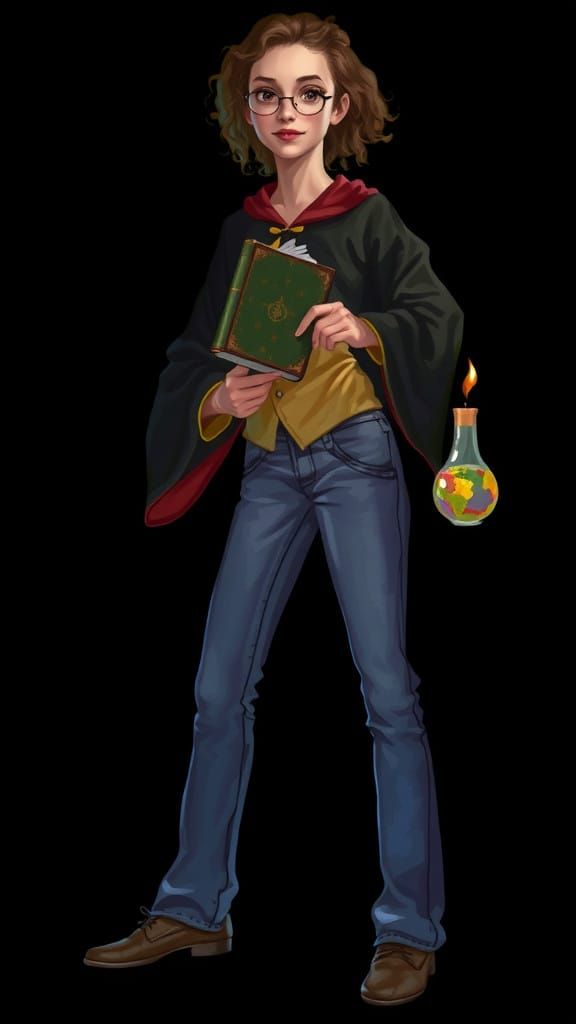 Elegant Young Witch in Cozy Library Setting