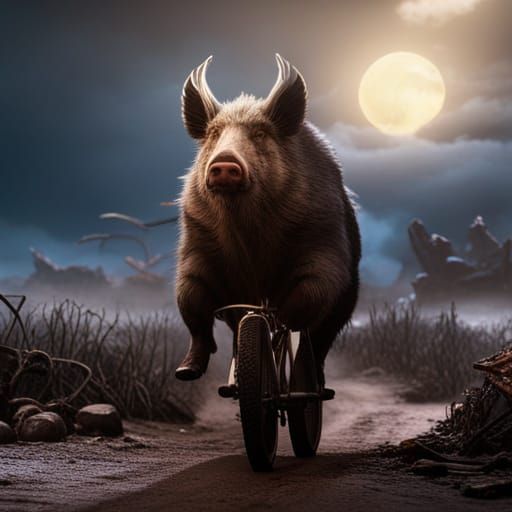 Boar on Bicycle: Detailed Fantasy Concept Art