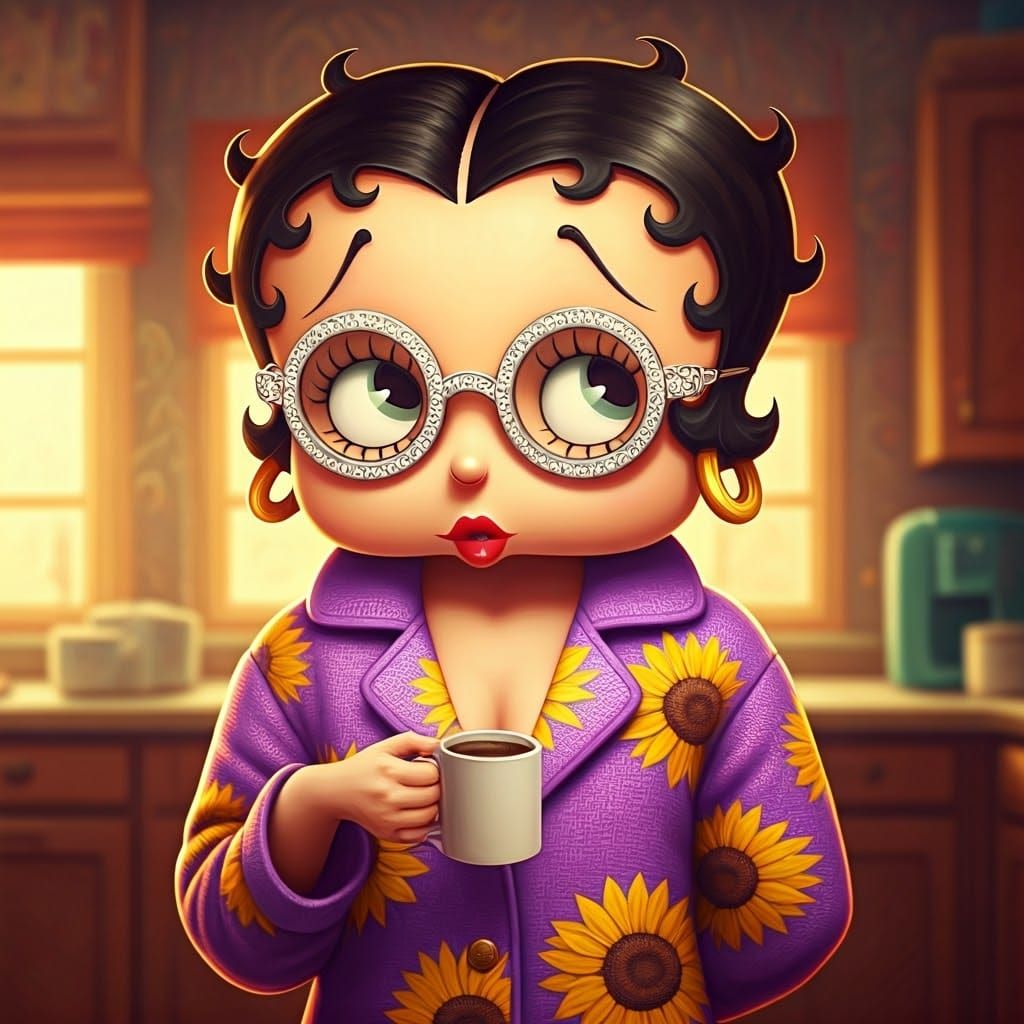 Betty Boop in Vibrant Purple Housecoat, Whimsical Sunflowers...