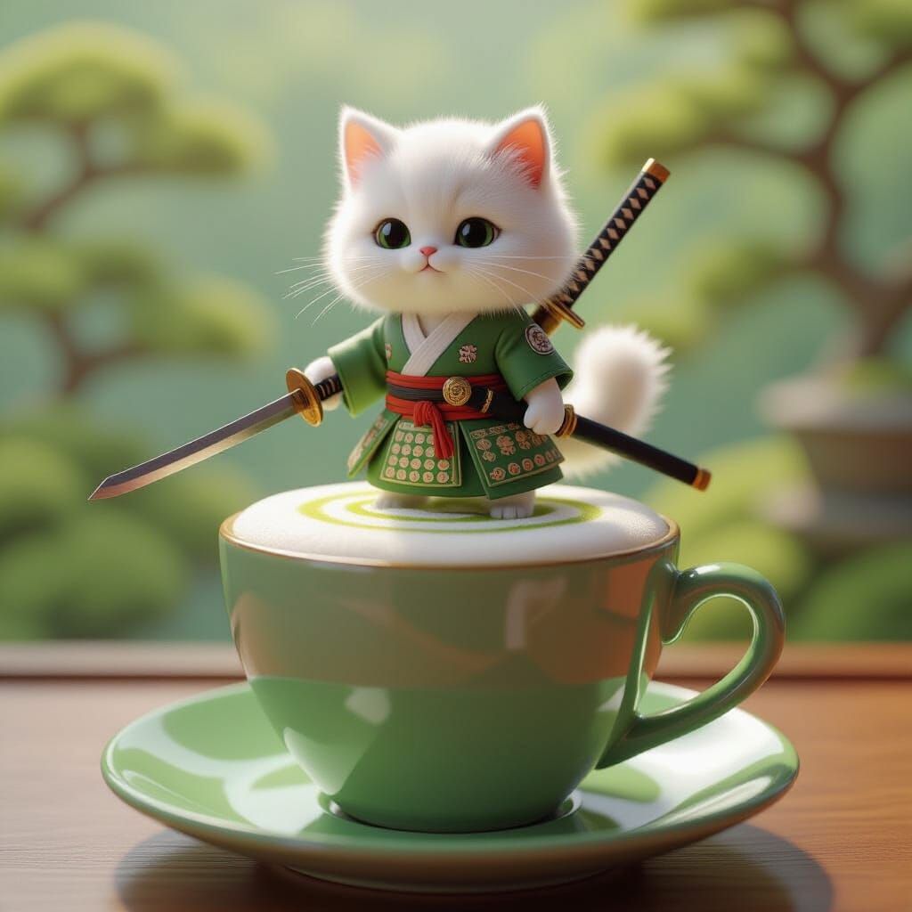 Fluffy Cat Samurai on Matcha Latte in Anime Style