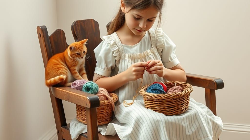 Young Girl in Gentle Repose, Engrossed in Knitting