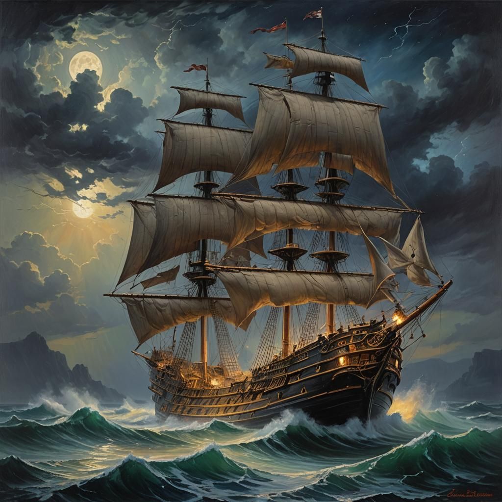 Ghost Pirate Ship on Stormy Sea, Oil Painting