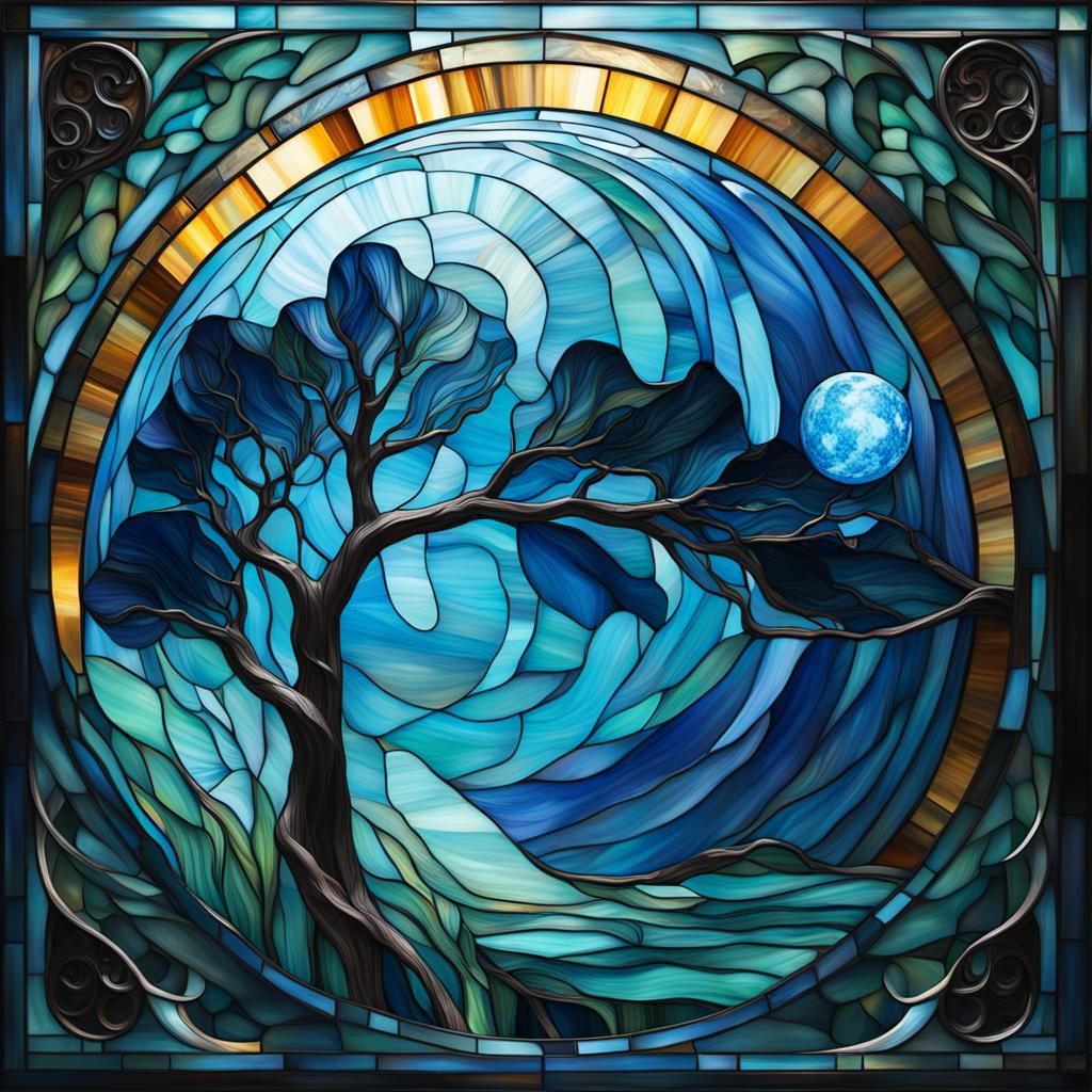 Blue Moon Tiffany Glass Structure: Hyperrealistic Art