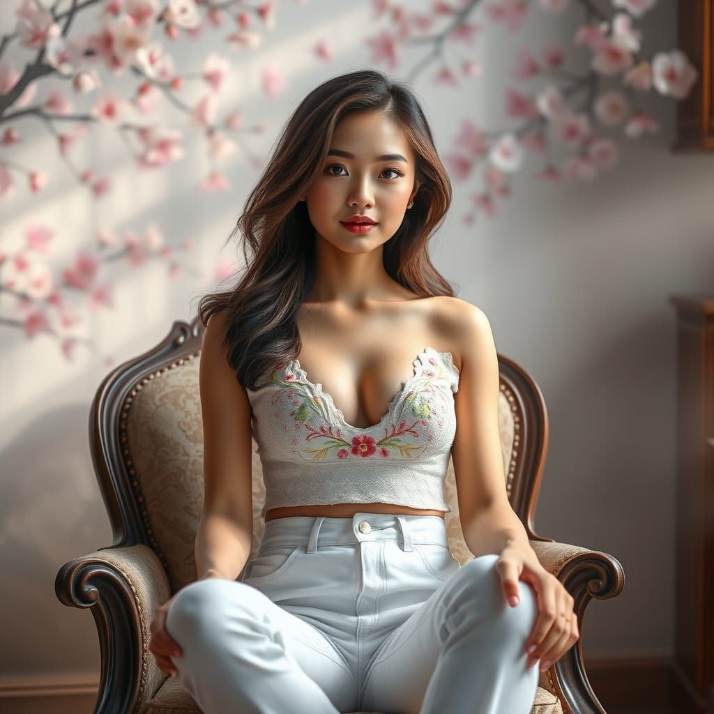 Hyperrealistic Portrait of Woman in Embroidered Top