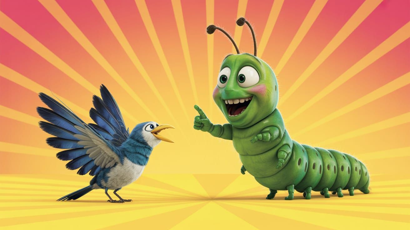 Excited Caterpillar Points at Bird: 3D Digital Art