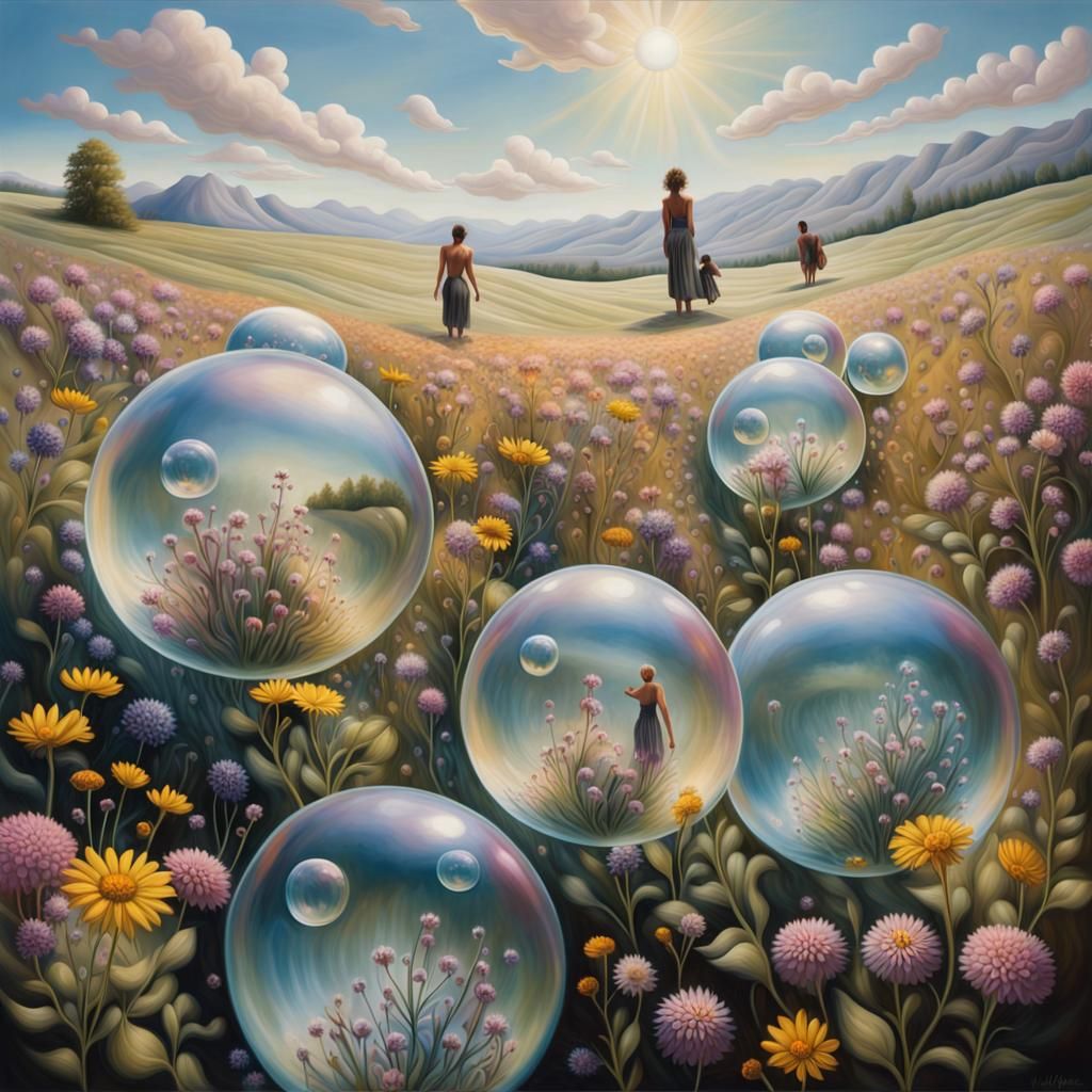 People in Bubbles Float Over Wildflower Field