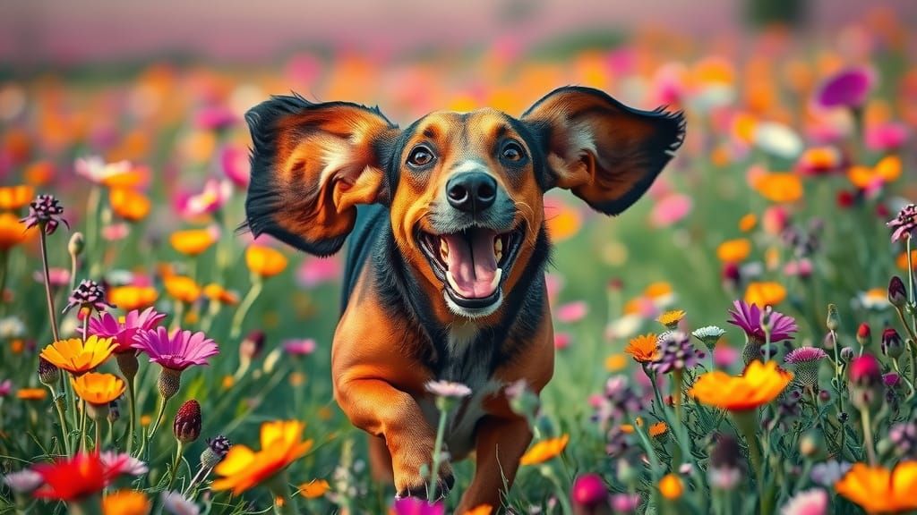 Basset Hound Running Through Flowers in Alcohol Ink Style