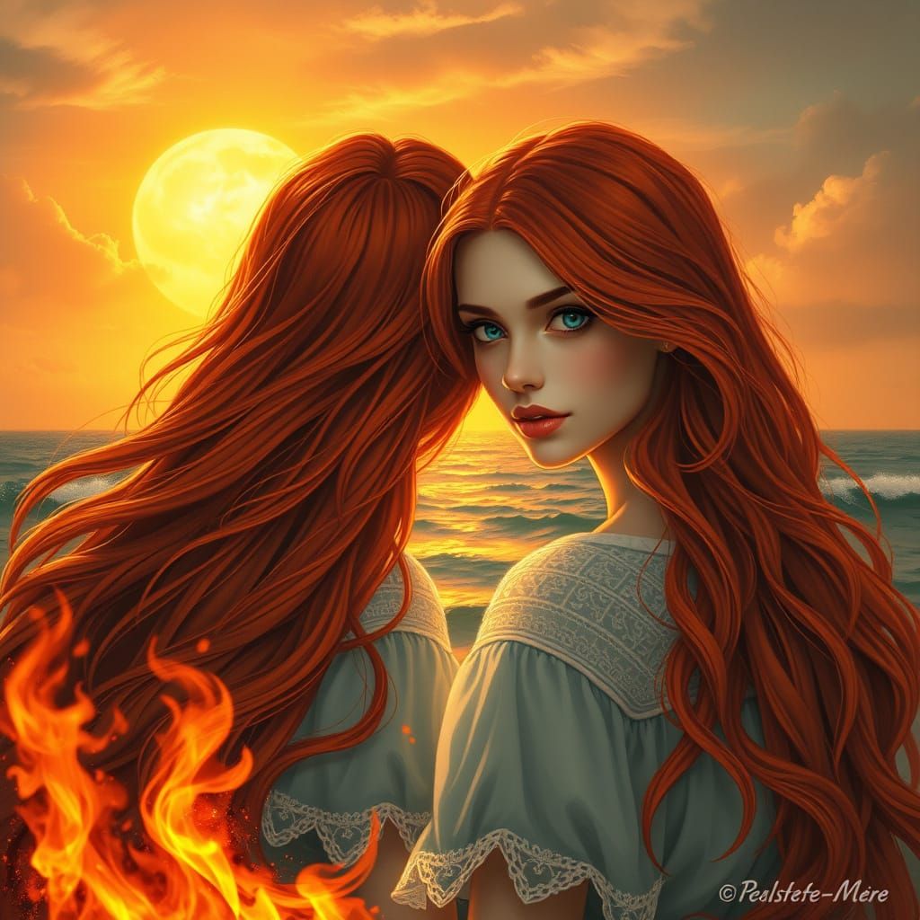 Two Girls with Long Red Hair, Realistic Painting of Sunset a...